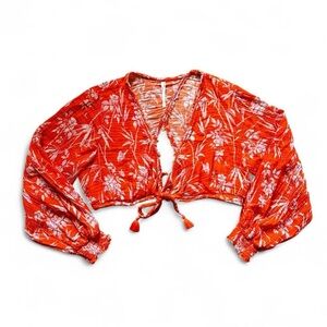Anthropologie Orange Floral Tie Front Blouse cotton womens XL
